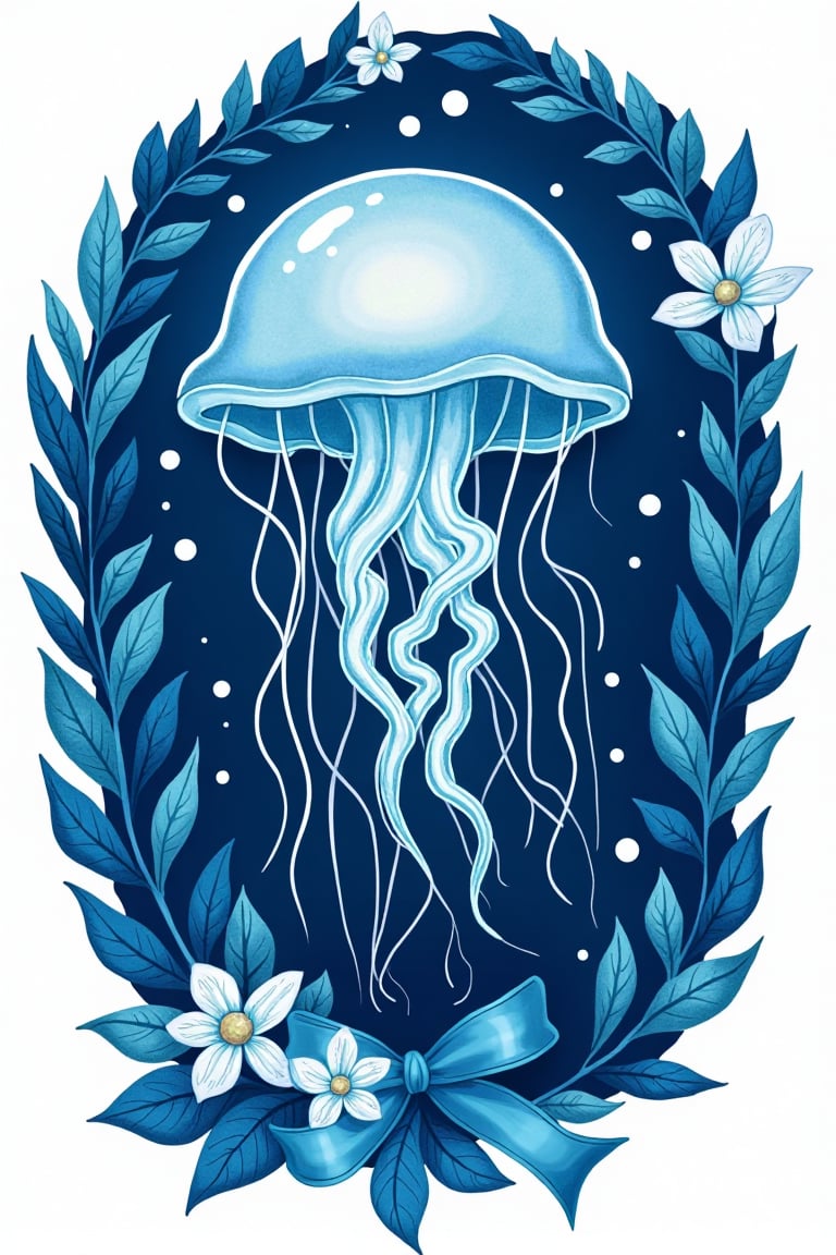 An eye-level cartoon drawing of a jellyfish in the middle of a dark blue background. The jellyfish is surrounded by blue leaves and white flowers. There is a blue ribbon in the bottom right corner of the image. There are white dots scattered around the jellyfish. The background is white.