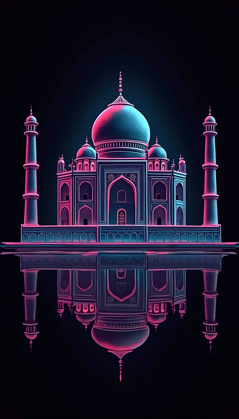 Vector illustration, T-shirt print, Taj Mahal, image in the center futuristic and abstract design, smooth lines and geometric shapes, digital style, neon colors, black background, glow effect