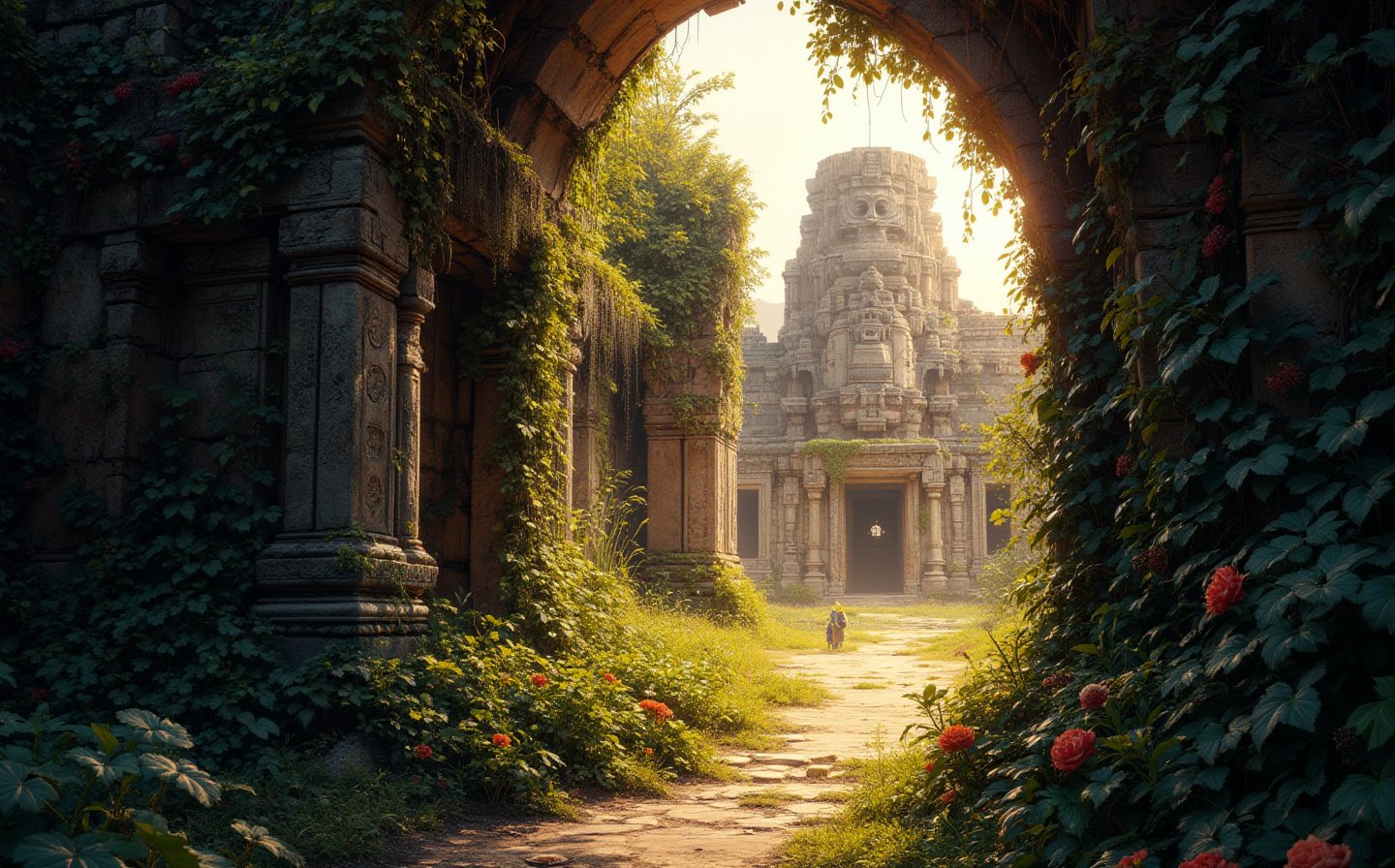 Vines and moss-covered ruins frame the entrance to the lost ancient city, where crumbling structures rise like giants from the dusty earth. The golden light of late afternoon casts long shadows, illuminating the intricate carvings on the weathered stone. In the distance, a massive stone statue rises, its eyes seeming to gaze upon the forgotten. The atmosphere is bright.