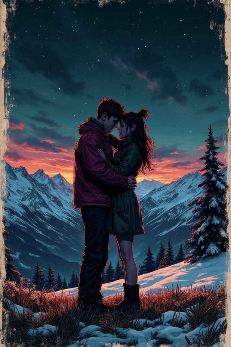 grunge style {guy hugging a girl, they are standing on top of a mountain, they are standing on a lawn with green grass, all around covered with snow, bright stars in the sky, romance, love} . textured, distressed, vintage, edgy, punk rock vibe, dirty, noisy, Thriller illustration