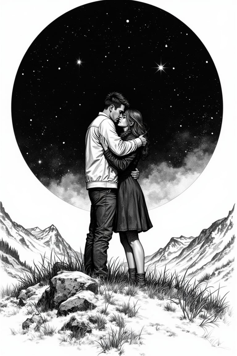 a guy hugs a girl, they are standing on the top of a mountain, they are standing on a lawn with green grass, everything else in the circle is covered with snow, bright stars in the sky, romance, love, Pen and Ink, fine lines, cross-hatching, stippling, monochromatic, detailed, high contrast,
precise, Thriller illustration