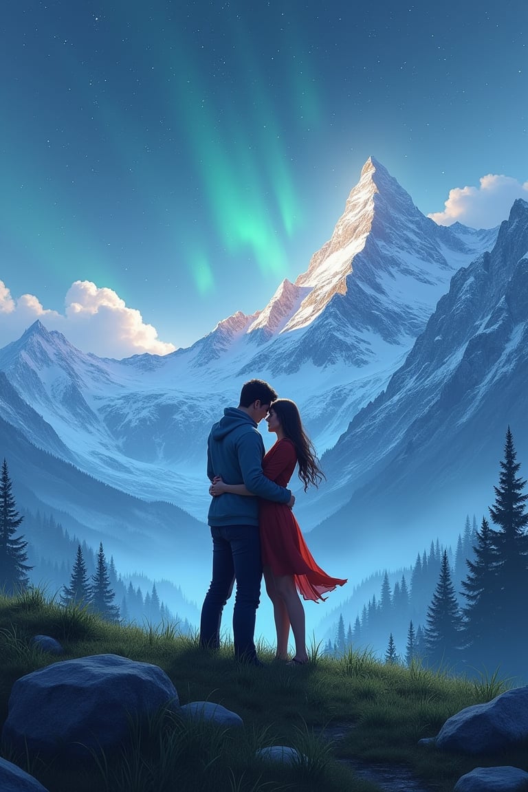 Terragen, {guy hugging a girl, they are standing on top of a mountain, they are standing on a lawn with green grass, all around covered with snow, bright stars in the sky, romance, love,}, beautiful massive landscape, epic scenery, 