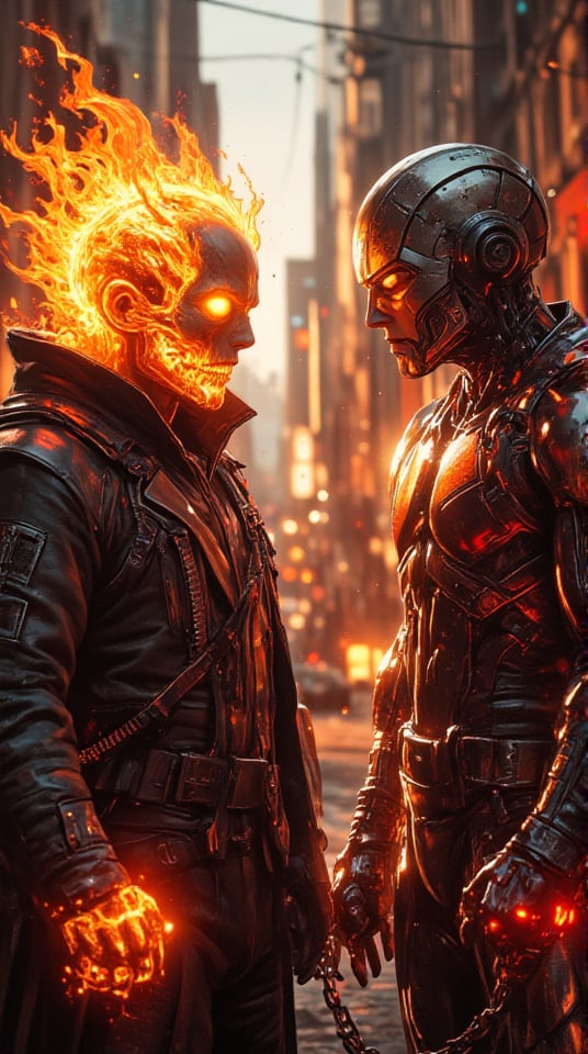 An epic showdown between Ghost Rider and Magneto,  (Ghost Rider standing tall,  with flames engulfing his skull and his le...