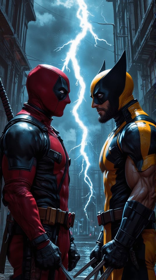 Deadpool and Wolverine facing each other in a tense standoff,  (Deadpool in his iconic red and black suit,  confidently br...