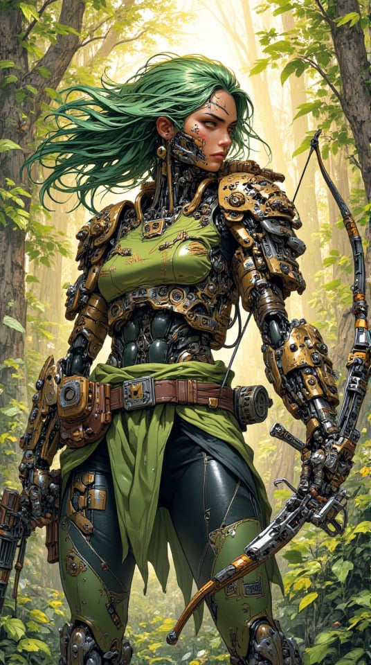 mythp0rt, anime, sepia, BREAK, bio-mechanical huntress, flowing green hair with gold tips, tribal markings on her face, armor adorned with leaves and vines, seamlessly integrated with her skin, enhanced vision sensors, holding a high-tech bow drawn taut, abstract background of a lush, overgrown jungle intertwined with futuristic technology.