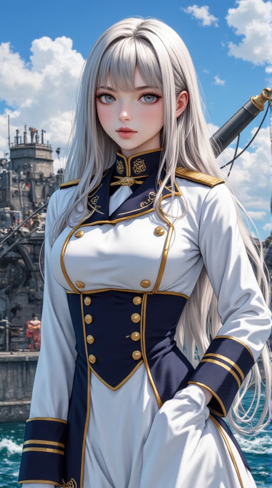 "A hyper-realistic anime portrayal of Alabama from Azur Lane, standing confidently with her signature battleship rigging. Alabama has long, flowing silver hair that catches the light, her serious expression showing her composed and strong-willed nature. She wears her detailed naval uniform in shades of white and navy blue, adorned with gold accents and military emblems, giving her a regal yet battle-ready appearance. Her battleship rigging, with large cannons and armor plating, looms behind her, reflecting her strength and power on the battlefield. The background features a stormy ocean with waves crashing, emphasizing her role as a formidable battleship. The scene captures Alabama’s calm, commanding presence, blending beauty with strength."