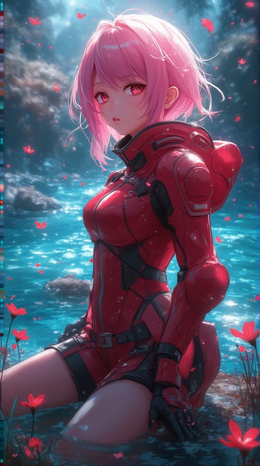 8K UHD digital painting, : A captivating illustration of Zero Two in a hyper-anime realistic style, (wearing her pilot suit by a tranquil river), (her pink hair flowing elegantly), (her expression playful and confident), (the background featuring shimmering water and flowers), (dynamic lighting enhancing her features), (masterpiece, high quality, extremely detailed, 8k resolution, cinematic lighting), (aspect ratio 9:16).






