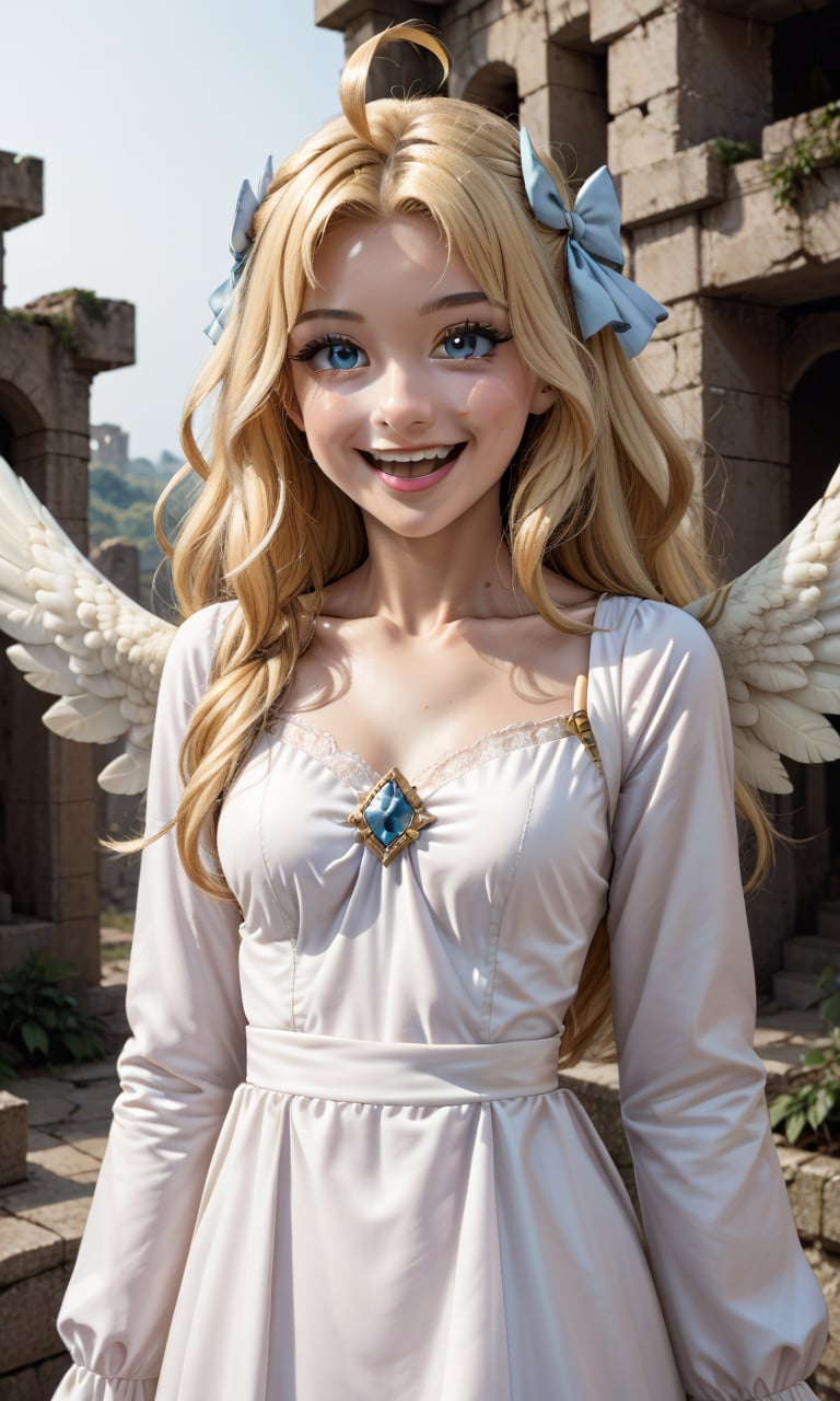 Tate no Yuusha, 1girl, solo, blonde_hair, wings, long_hair, bird_wings, dress, blue_eyes, open_mouth, smile, ruins_background, white_dress, white_wings, feathered_wings, :d, simple_background, very_long_hair, long_sleeves, bow, blue_bow, parted_bangs, blush, bangs, looking_at_viewer, collarbone, cowboy_shot
score_9, score_8_up, score_7_up, source_anime,4esthet1c, hair ornament, ahoge, filo