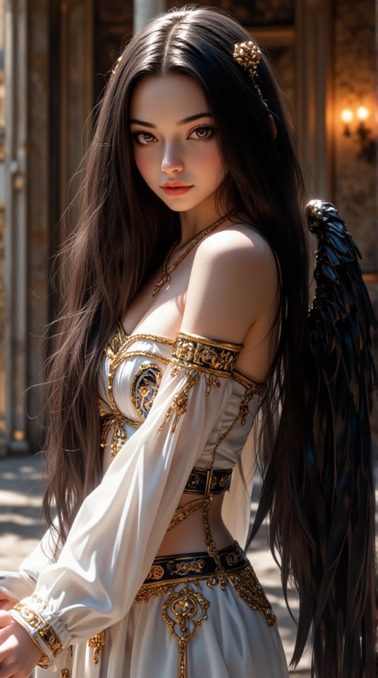 "A hyper-realistic anime portrayal of Albedo from Overlord, exuding her regal and otherworldly beauty. Albedo has long, flowing black hair with a silky sheen, cascading down her back, and her golden eyes gleam with a mix of intelligence and devotion. She is wearing her iconic white gown, adorned with intricate gold accents and ethereal black wings sprouting from her back, adding a celestial, angelic touch to her demonic aura. Albedo’s expression is calm yet intense, showcasing her loyalty and cunning nature. The background features the grand, dark interior of the Great Tomb of Nazarick, with towering pillars and soft torchlight illuminating the space, highlighting her presence as one of the most powerful and revered guardians. The scene captures both her beauty and her dangerous allure, emphasizing her role as a central character in the Overlord series."