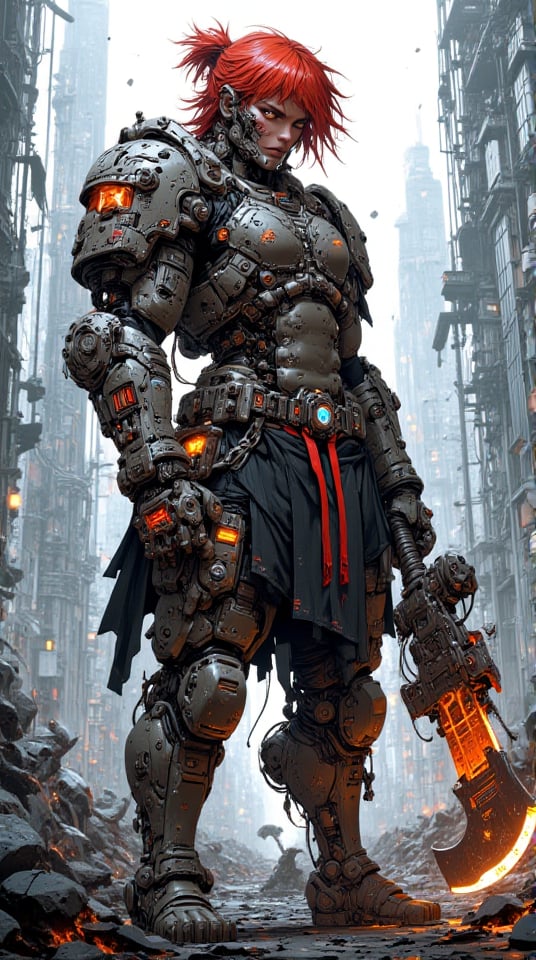 mythp0rt, anime, 3D, BREAK, post-apocalyptic warrior, messy red hair with black undertones, rugged tactical gear, armored shoulder pads, body reinforced with scrap metal and scavenged tech, wielding a massive axe glowing with energy, abstract background of a desolate urban landscape overrun by nature, shadows of crumbling skyscrapers in the distance, (8K High Resolution), (Ultra High Resolution 3840 x 2160), (Ultimate Subjective), (12K Ultra High Resolution Wallpaper 8k)