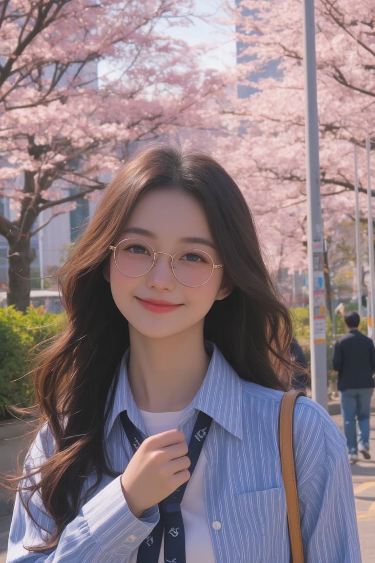 Charming Japanese schoolgirl walking to school with a bright,  cheerful smile. Her long wavy hair is adorned with a cute b...