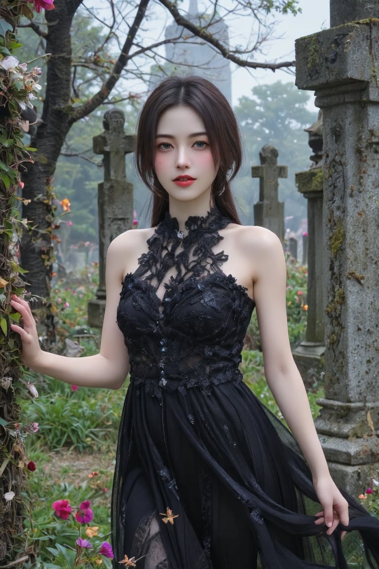 Create a hyper-realistic image of a girl embodying a tombstone theme, rendered in ultra high resolution (16K) with meticulous attention to detail. The model, named "Momo," is an 18-year-old ethereal and glamorous Korean idol, exuding a hauntingly beautiful charm. She is posed confidently in an outdoor cemetery setting, surrounded by weathered tombstones and lush overgrown foliage.

Appearance: Momo has medium-length, straight black hair with soft waves, adorned with delicate silver hair accessories that reflect the theme. Her makeup features dark, smoky eyes and a subtle silver shimmer on her eyelids, enhancing her oversized brown eyes that convey both mystery and allure. Her lips are painted in a deep plum color, slightly parted in a soft smile.

Attire: She wears a flowing, dark lace dress with intricate details that billow softly in the wind. The fabric mimics the textures of the tombstones, with shades of grey and black that blend harmoniously with the background.

Pose: Momo stands confidently, one hand resting gently against a moss-covered tombstone while the other hand delicately holds a wilted flower. Her posture exudes both seduction and strength, capturing the viewer's attention and drawing them into the scene.

Lighting: Soft, ethereal lighting filters through the trees, casting dappled shadows across her face and body. The sunlight enhances her skin’s realistic texture, showcasing detailed features including her finely sculpted nose, ears, and cheekbones.

Background: The cemetery scene is richly detailed with aged gravestones covered in ivy and delicate wildflowers peeking through the ground. A soft mist lingers in the air, adding to the enchanting and slightly eerie atmosphere.

Overall Feel: This image should evoke a sense of beauty intertwined with an element of melancholy, creating a masterpiece that captures every nuance of this unique theme.

Technical Details: Ensure the image is in HDR quality, focusing on detailed skin textures, hair strands, and the overall composition to make it a striking visual experience.