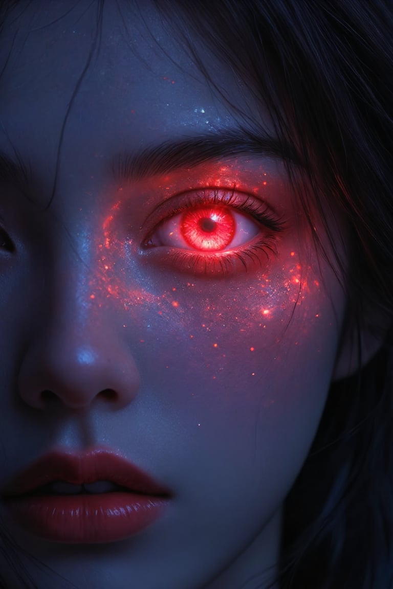 Create a stunning, high-resolution masterpiece of a girl with bright red eyes that reflect the universe. The artwork should be a blend of realism and anime style, capturing the essence of both art forms.

Character Details: The girl should have an amazed expression, conveying wonder and awe as she gazes into the night sky. Her eyes should be the focal point of the piece, perfectly rendered to show intricate details, such as reflections of stars, galaxies, and cosmic phenomena within her irises.

Background: Set the scene in a dark night setting with a bright sky filled with vivid stars and celestial bodies. The contrast between her bright red eyes and the dark background should create a striking visual impact.

Art Style: Emphasize realistic anime artwork, ensuring that facial features are delicately balanced between stylized and realistic. The skin texture should be very detailed, adding depth and life to her character.

Lighting: Use soft lighting to enhance the overall atmosphere, highlighting the girl’s features while ensuring that the reflections in her eyes are vibrant and captivating.

Overall Composition: The final piece should be enchanting, drawing the viewer into both her expression and the vastness of the universe reflected in her eyes. Aim for a polished finish that exemplifies the best quality in digital art.