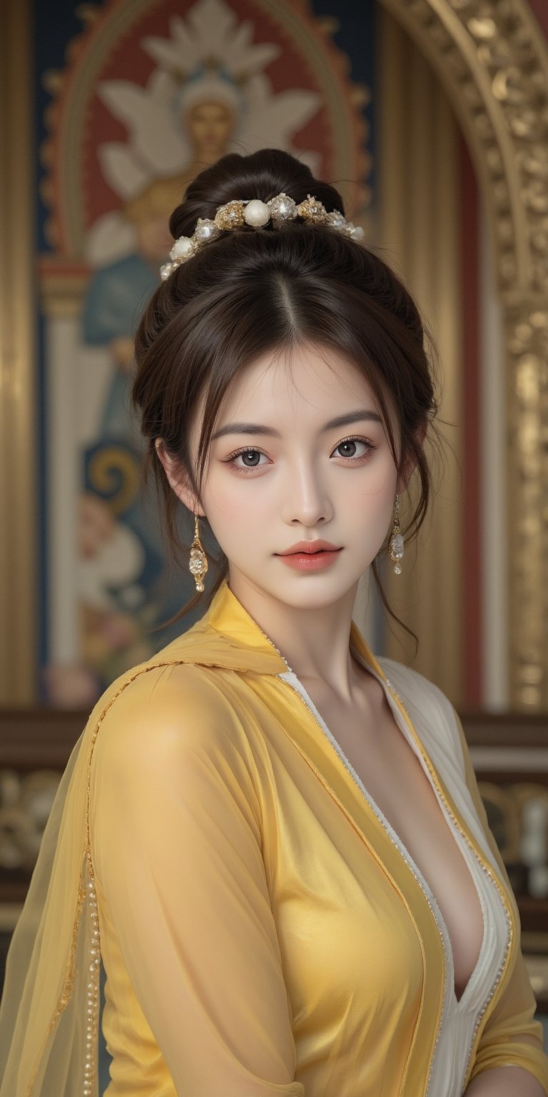 An elegant young woman dressed in traditional Thai attire, with emphasis on golden hues. Her hair is styled in a classic Thai updo, adorned with intricate accessories. She stands gracefully in front of a richly detailed Thai temple, capturing the essence of Thai culture and architecture. The background features ornate carvings, vibrant murals, and traditional Thai decorations. The scene is lit with soft, natural light to highlight the textures and colors of her attire and the surroundings. The image should be rendered in ultra-high resolution (8K) with meticulous attention to detail, including realistic skin textures and fabric details. The overall atmosphere is serene and respectful, reflecting the beauty and heritage of Thailand.