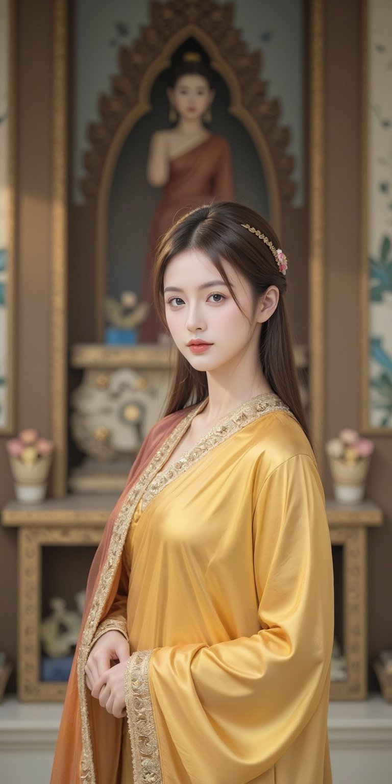 An elegant young woman dressed in traditional Thai attire, with emphasis on golden hues. Her hair is styled in a classic Thai updo, adorned with intricate accessories. She stands gracefully in front of a richly detailed Thai temple, capturing the essence of Thai culture and architecture. The background features ornate carvings, vibrant murals, and traditional Thai decorations. The scene is lit with soft, natural light to highlight the textures and colors of her attire and the surroundings. The image should be rendered in ultra-high resolution (8K) with meticulous attention to detail, including realistic skin textures and fabric details. The overall atmosphere is serene and respectful, reflecting the beauty and heritage of Thailand.