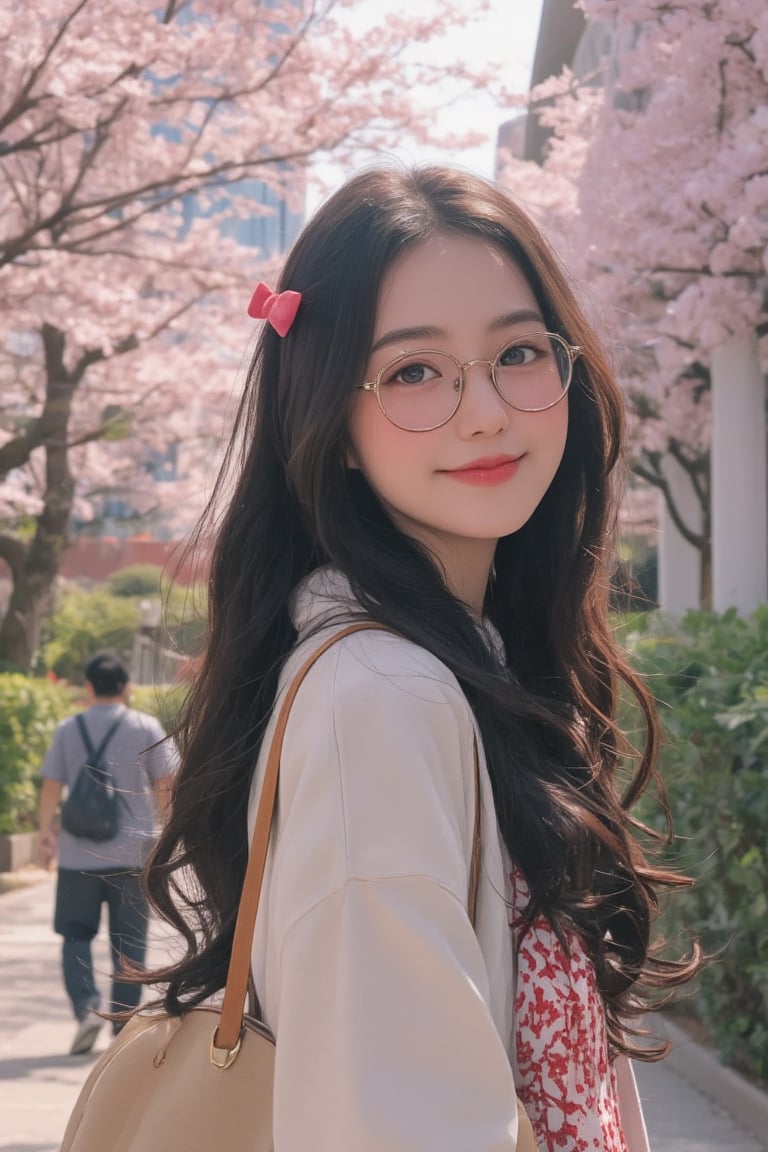 Charming Japanese schoolgirl walking to school with a bright,  cheerful smile. Her long wavy hair is adorned with a cute b...