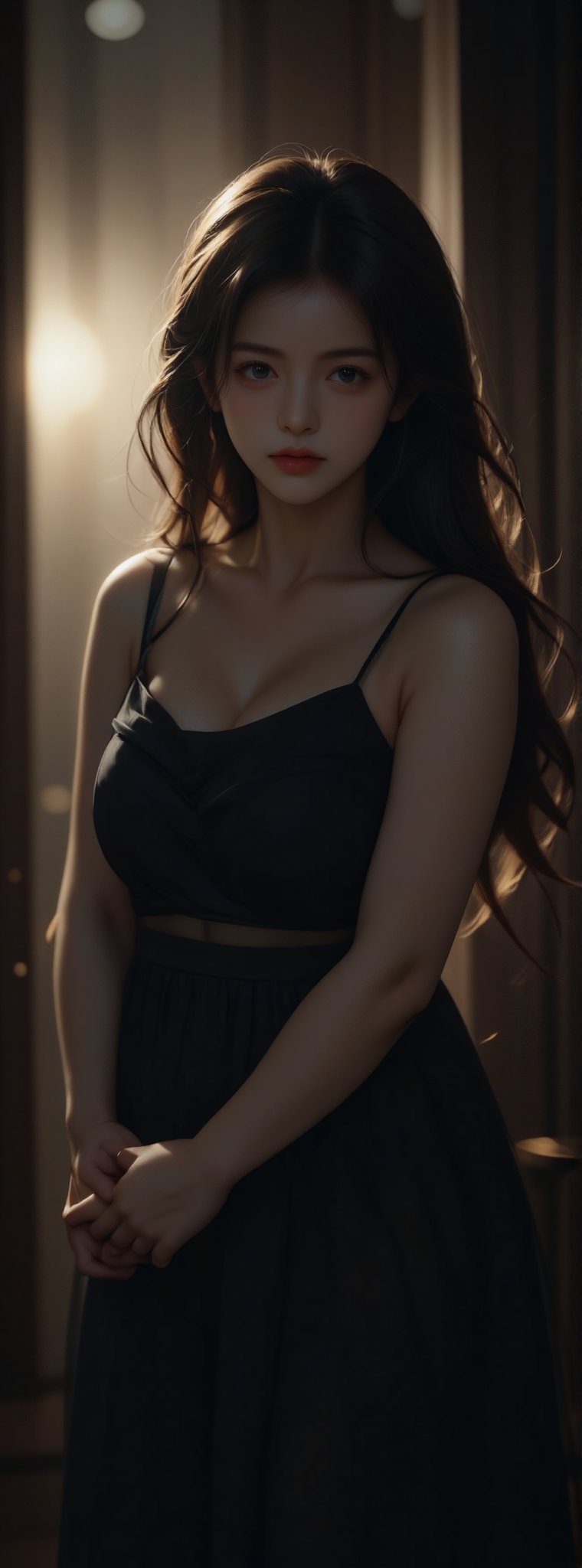Prompt: "Create an ultra-high resolution (16k) image capturing a beautiful girl standing alone in the darkness. Her silhou...