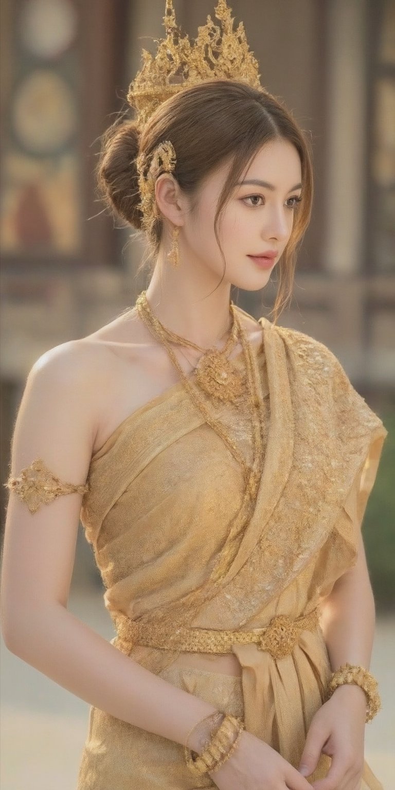 An elegant young woman dressed in traditional Thai attire, with emphasis on golden hues. Her hair is styled in a classic Thai updo, adorned with intricate accessories. She stands gracefully in front of a richly detailed Thai temple, capturing the essence of Thai culture and architecture. The background features ornate carvings, vibrant murals, and traditional Thai decorations. The scene is lit with soft, natural light to highlight the textures and colors of her attire and the surroundings. The image should be rendered in ultra-high resolution (8K) with meticulous attention to detail, including realistic skin textures and fabric details. The overall atmosphere is serene and respectful, reflecting the beauty and heritage of Thailand.