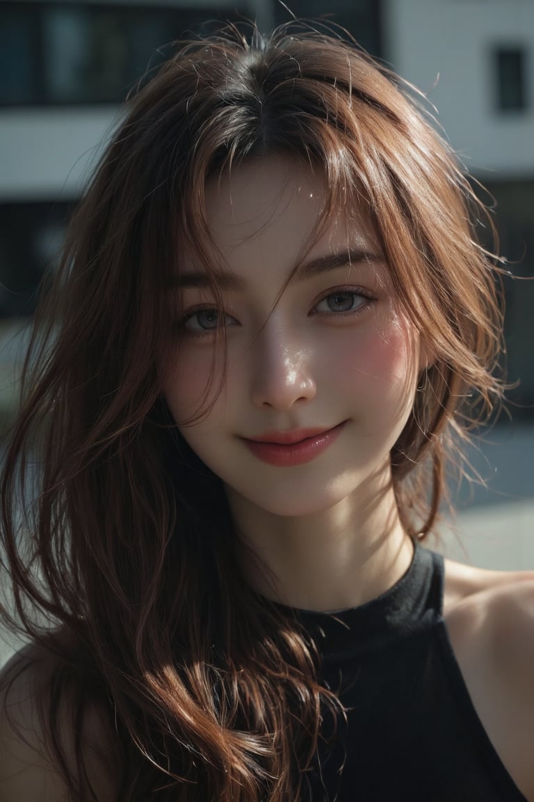 Create a close-up portrait of a light-smiling,  amused woman whose hair completely covers her face,  adding an element of...