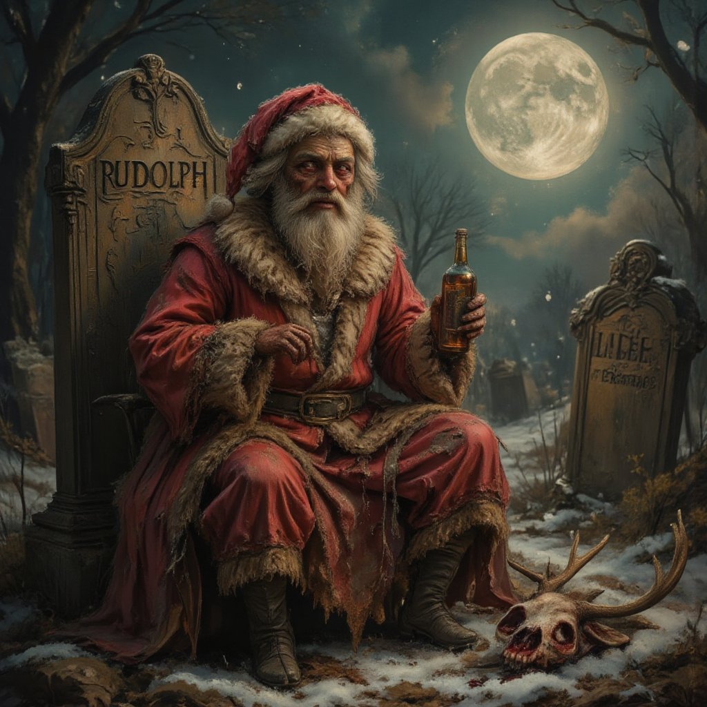 A close-up portrait of a sinister zombie Santa Claus sitting in a snow-covered ancient graveyard,  sitting on the ground n...