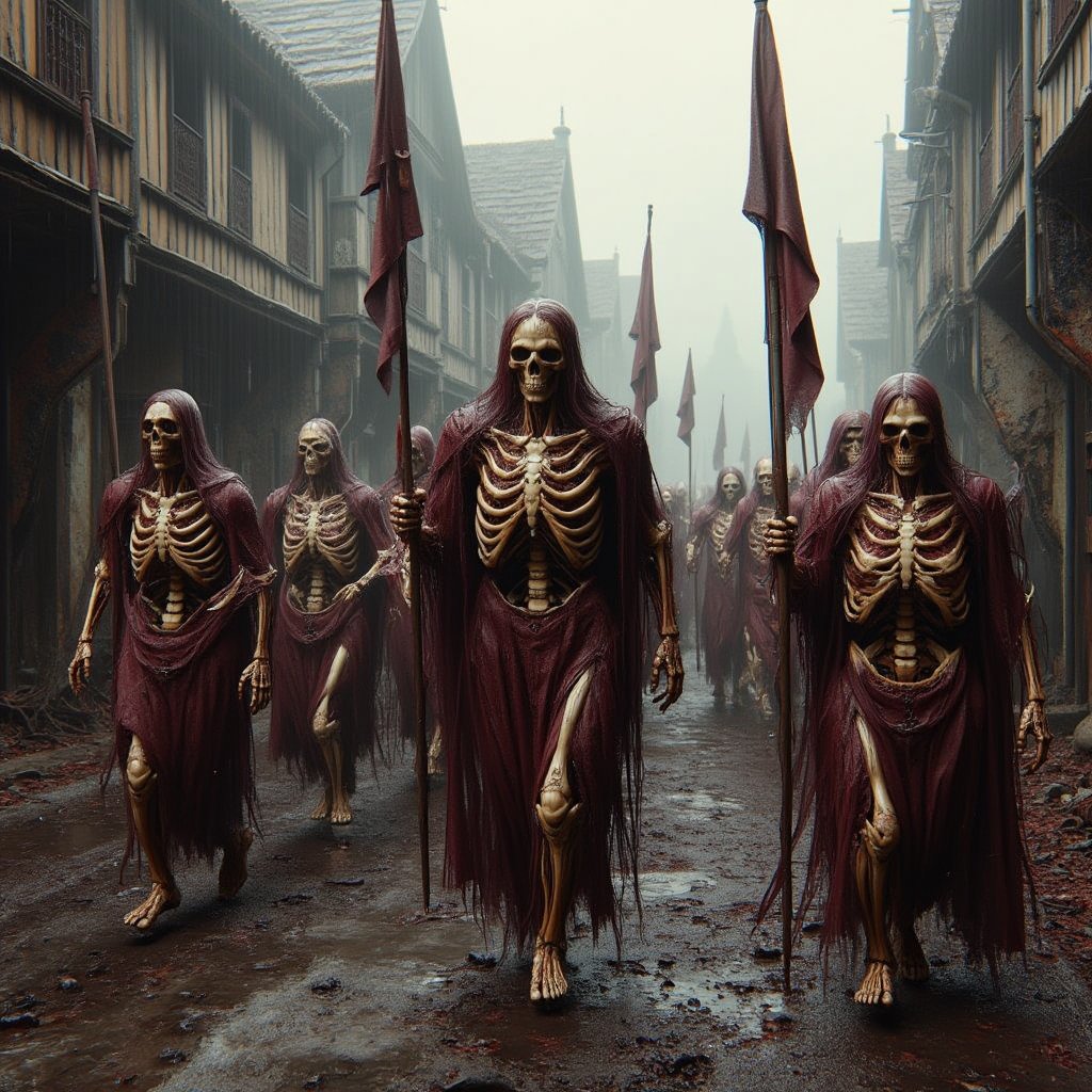 The army of the dead, all skeletons, marches through Elizabethan Englland, ancient timber buildings are rotting with decay, there are no people only skeletons of the past marching, portraying a surreal scene. The skeletons armor is in tatters, rusting and falling apart. Some carry frayed banners. 