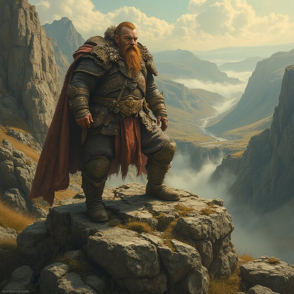 A dwarf warrior stands proudly, one boot planted firmly on a granite outcropping, as if claiming dominion over the rugged landscape. The sun casts a warm glow, illuminating the warrior's sturdy features and the intricate details of their armor. The rocky terrain stretches out before them, with a misty valley in the distance, while the warrior's gaze pierces forth, unyielding and fierce.