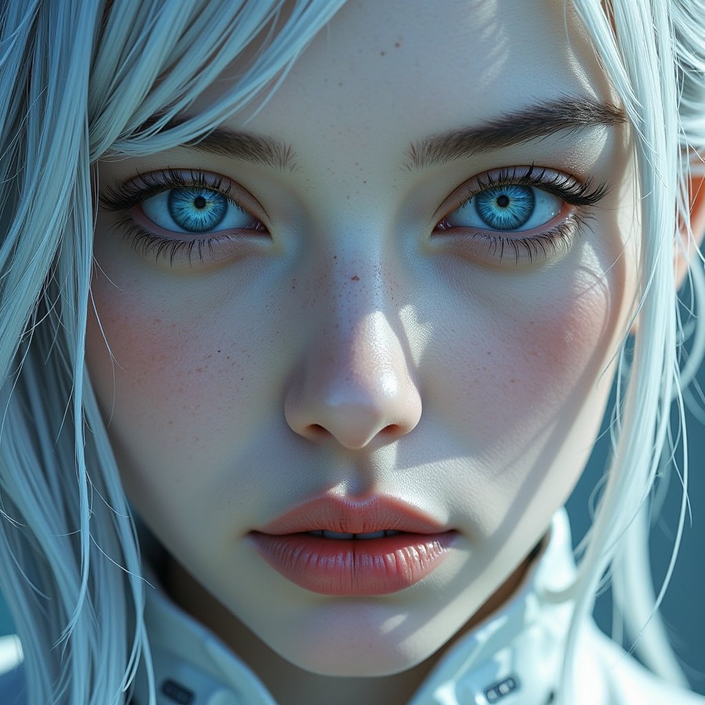 A captivating Avariel girl with silver white hair and stunningly bright blue eyes gazes intensely at the viewer, every detail carefully crafted to draw them in. This close-up, full-face portrait shines with high-definition clarity. The vivid image showcases a visually striking and meticulously detailed character, exuding an aura of futuristic beauty and technological allure.