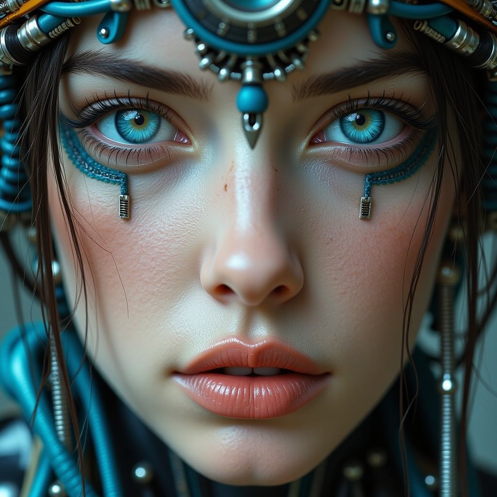 A captivating steampunk girl with stunningly bright blue eyes gazes intensely at the viewer, every detail carefully crafted to draw them in. This close-up, full-face portrait shines with high-definition clarity, revealing intricate cybernetic enhancements seamlessly blended with delicate human features. The vivid image showcases a visually striking and meticulously detailed character, exuding an aura of futuristic beauty and technological allure.