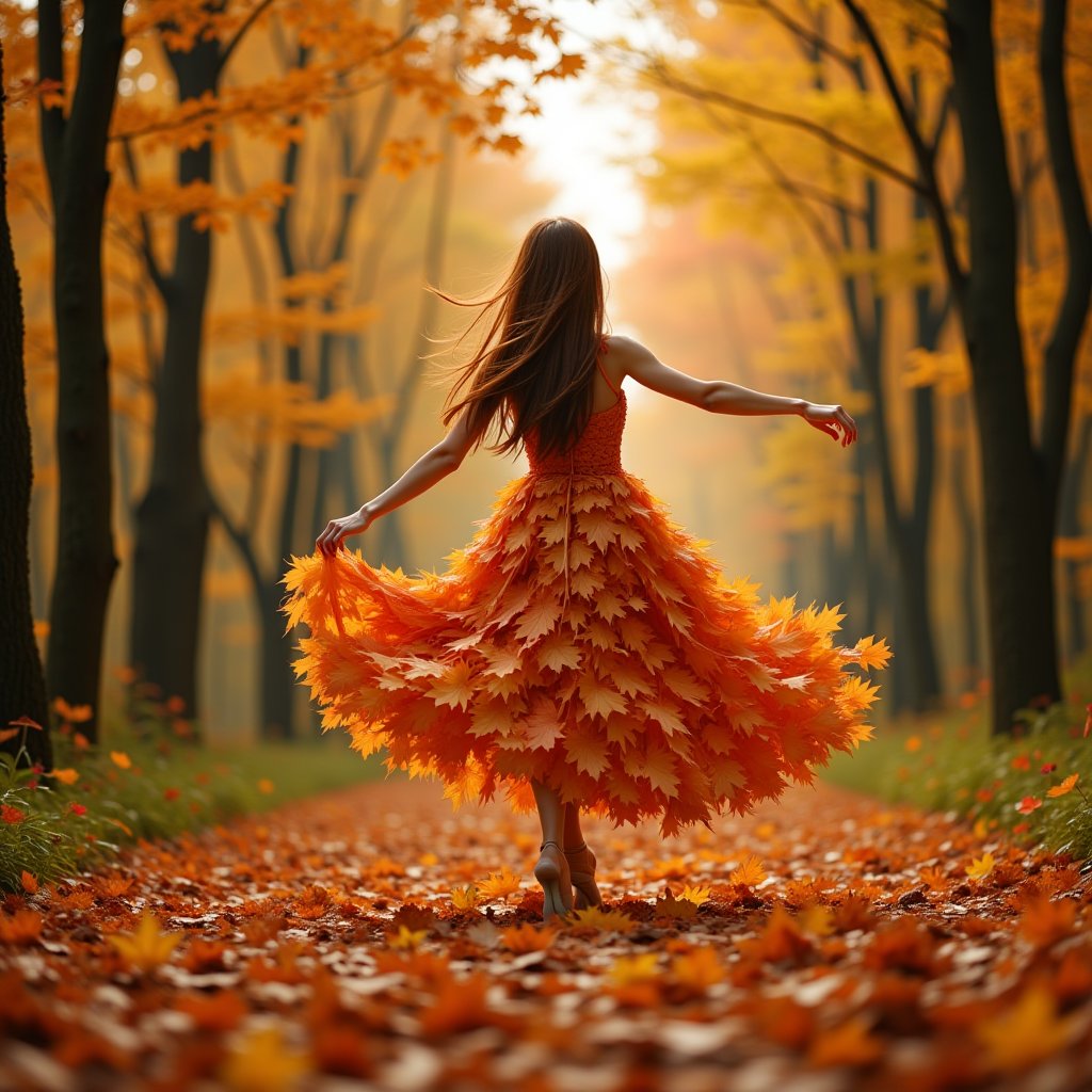 High-quality, 8k resolution, best quality, incredibly detailed, masterful lighting, dramatic low angle shot, close up. Beautiful woman, with long auburn hair, wearing a dress made from Autumnal Maple leaves, she is dancing ballet. Forest path of autumn maple trees. The lighting is natural, filtered through the canopy above. There are no other discernible objects or individuals in the immediate vicinity, placing the focus solely on the woman and her interaction with the environment. Autumn landscape, photorealistic, detailed, 4K, elegant, Rule of thirds