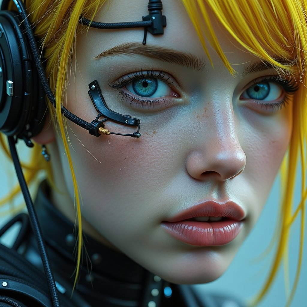 A captivating blonde cyberpunk girl with stunningly bright blue eyes gazes intensely at the viewer, every detail carefully crafted to draw them in. This close-up, full-face portrait shines with high-definition clarity, revealing intricate cybernetic enhancements seamlessly blended with delicate human features. The vivid image showcases a visually striking and meticulously detailed character, exuding an aura of futuristic beauty and technological allure.