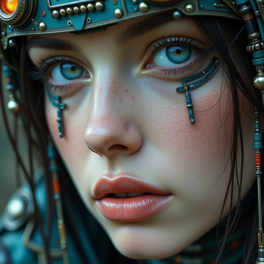 A captivating steampunk girl with stunningly bright blue eyes gazes intensely at the viewer, every detail carefully crafted to draw them in. This close-up, full-face portrait shines with high-definition clarity, revealing intricate cybernetic enhancements seamlessly blended with delicate human features. The vivid image showcases a visually striking and meticulously detailed character, exuding an aura of futuristic beauty and technological allure.