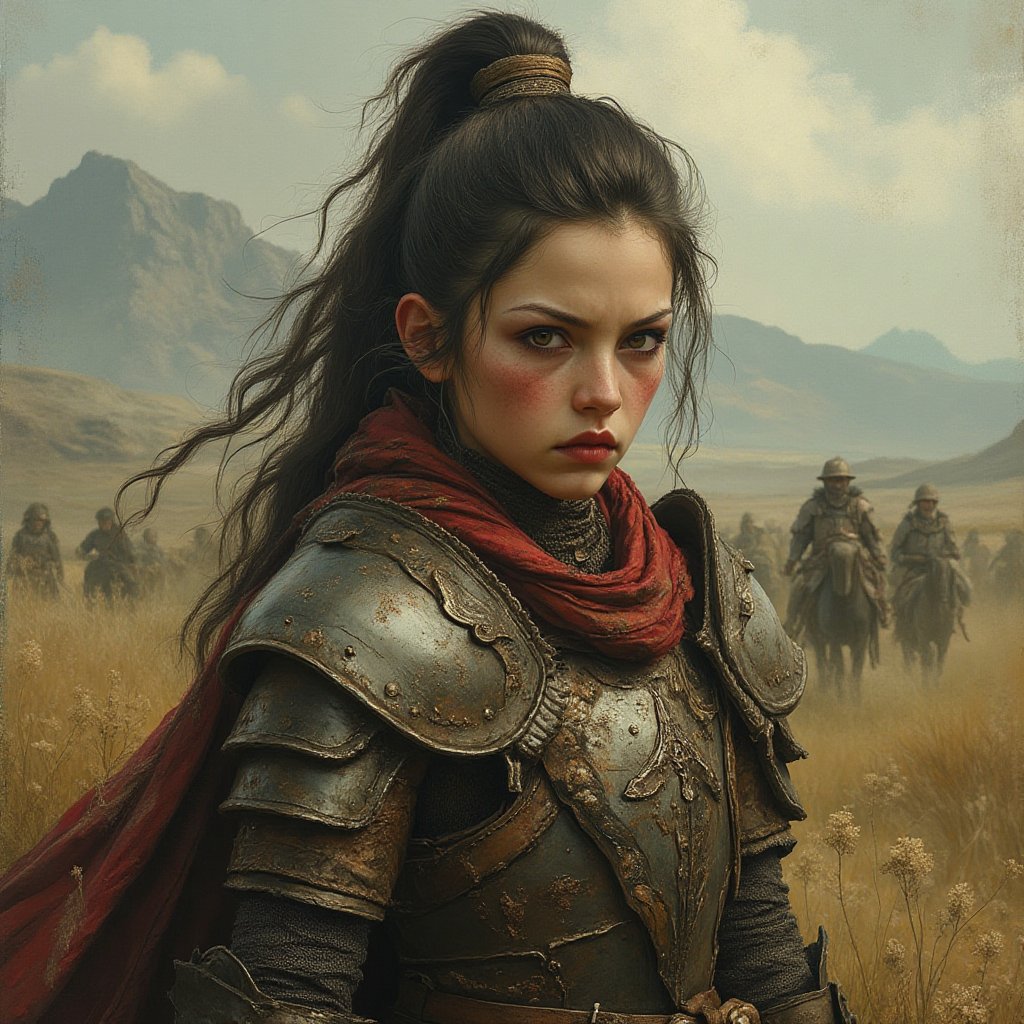 Arrogant Wild, Eyed warrior girl wearing Armor outdoors, highly detailed Detail, Oriented illustration, smooth illustration, Creative colors, award winning details 8k resolution, Dan Witz, overdetailed cinematic digital illustration, in the style of WLOP, Ruan Jia and Fenghua Zhong,