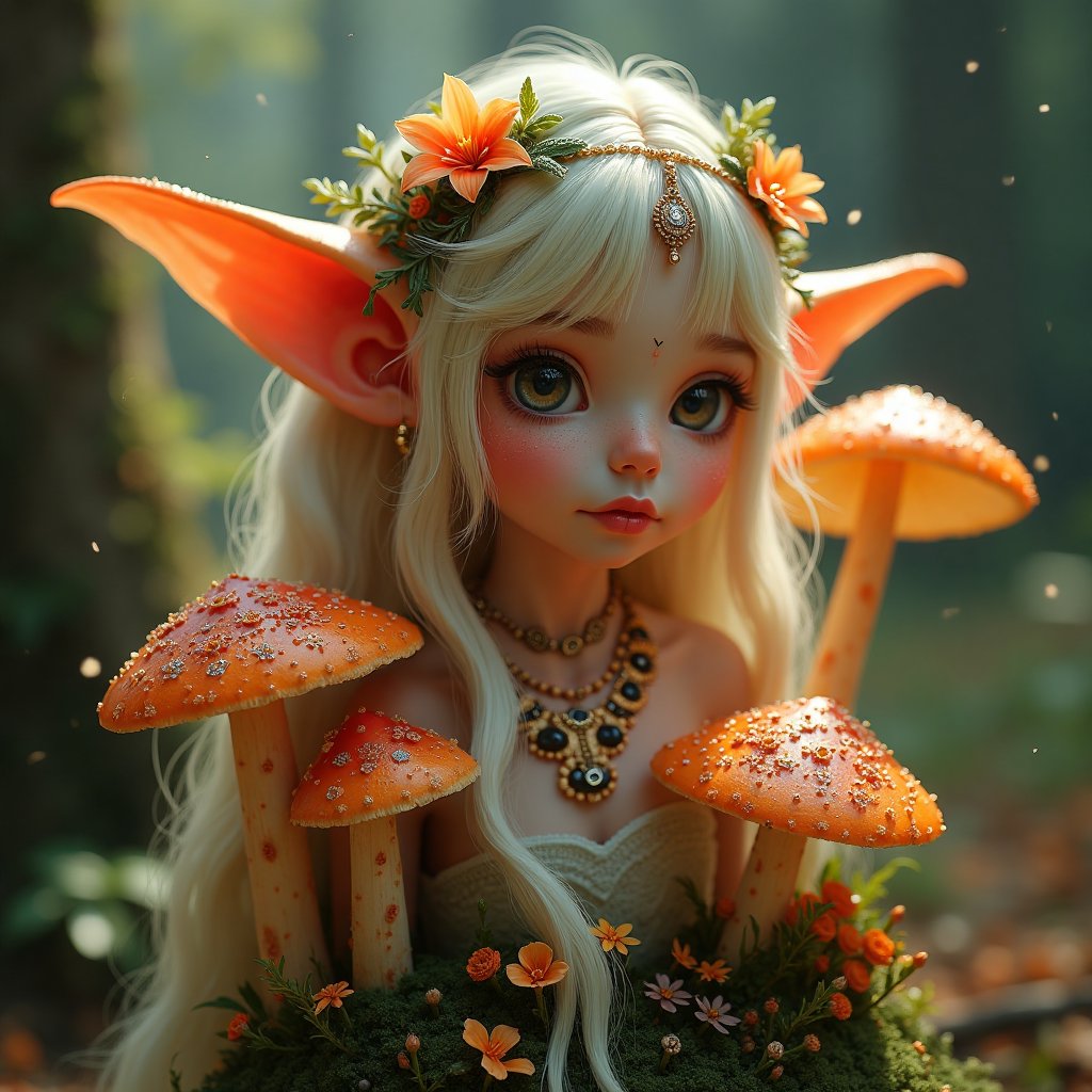 A fantasy, floral, fullbody Elf. Covered in glowing mushrooms, Ultra High Definition, Hyperrealism, hyper realistic, realistic, photorealistic, ultra detailed fantasy by Fateline, intricate realistic fantasy, so cute, airbrush digital art, ( ultra realistic, 5d, really realistic, ultra-realistic), style raw, sharp focus, hyperrealism, photorealistic, 16k, unreal engine