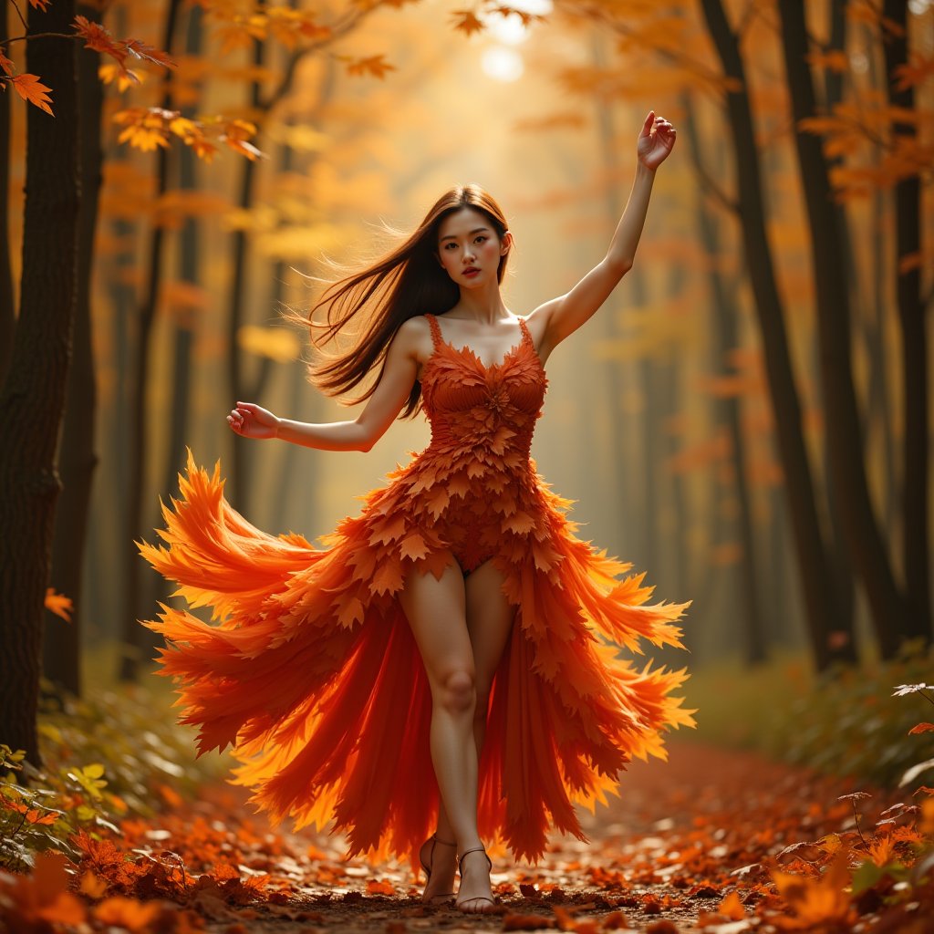 High-quality, 8k resolution, best quality, incredibly detailed, masterful lighting, dramatic low angle shot, close up. Beautiful woman, with long auburn hair, wearing a dress made from Autumnal Maple leaves, she is dancing ballet. Forest path of autumn maple trees. The lighting is natural, filtered through the canopy above. There are no other discernible objects or individuals in the immediate, focus solely on the woman and her interaction with the environment. Facing  camera, Autumn landscape, photorealistic, detailed, 4K, elegant, Rule of thirds