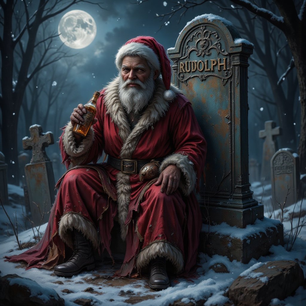 A close-up portrait of a sinister Santa Claus sitting in a snow-covered graveyard,  leaning against a tombstone with the w...
