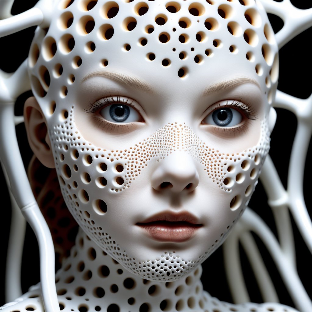 Hyperrealistic art RAW analog photo of a sculpture of a neural network organism, synthetic porcelain girl, ((mechanical, white skin:1, trypophobia:0.8, looking at viewer)), (sharp focus, hyper detailed, highly intricate, physically based unbiased rendering), natural lighting, Extremely high-resolution details, photographic, realism pushed to extreme, fine texture, incredibly lifelike, cinematic, 35mm film, 35mm photography, film, photo realism, DSLR, 8k uhd, hdr, ultra-detailed, high quality, high contrast,