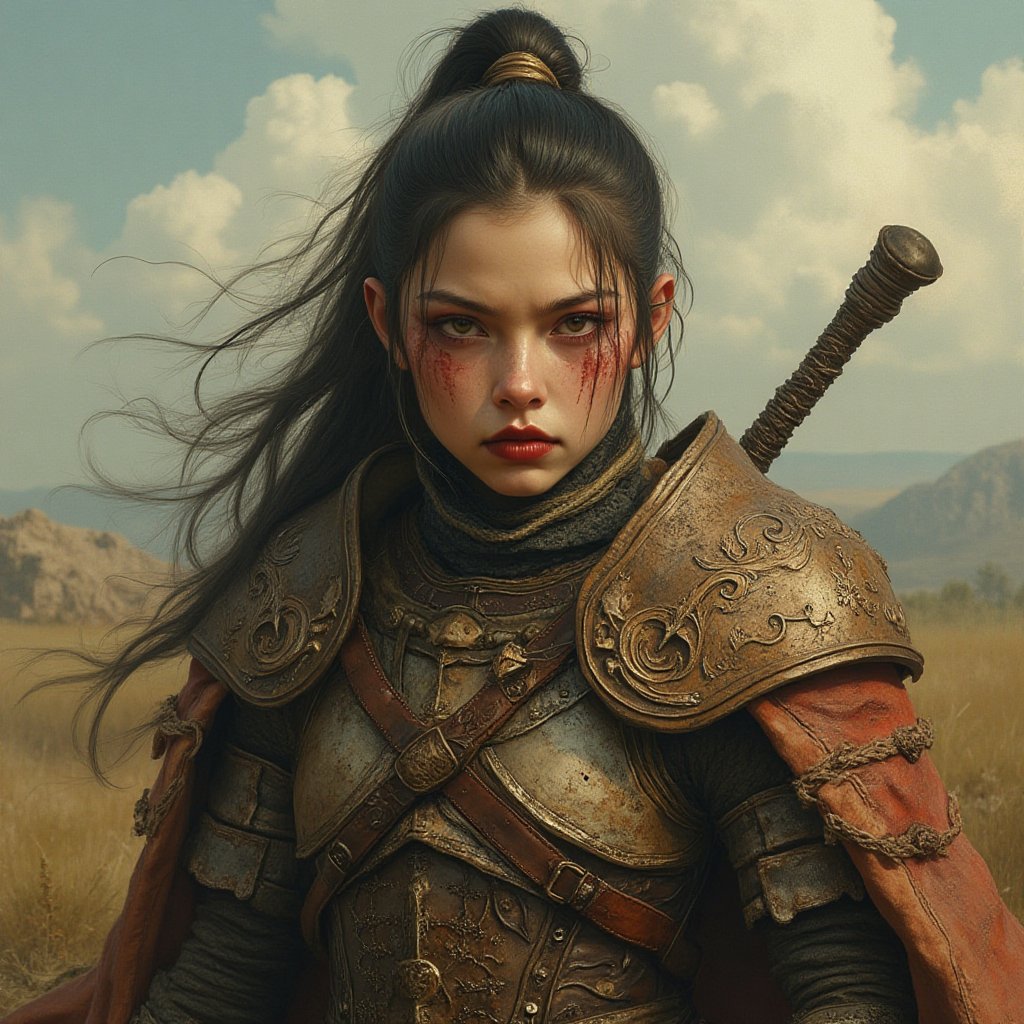 Arrogant Wild, Eyed warrior girl wearing Armor outdoors, highly detailed Detail, Oriented illustration, smooth illustration, Creative colors, award winning details 8k resolution, Dan Witz, overdetailed cinematic digital illustration, in the style of WLOP, Ruan Jia and Fenghua Zhong,