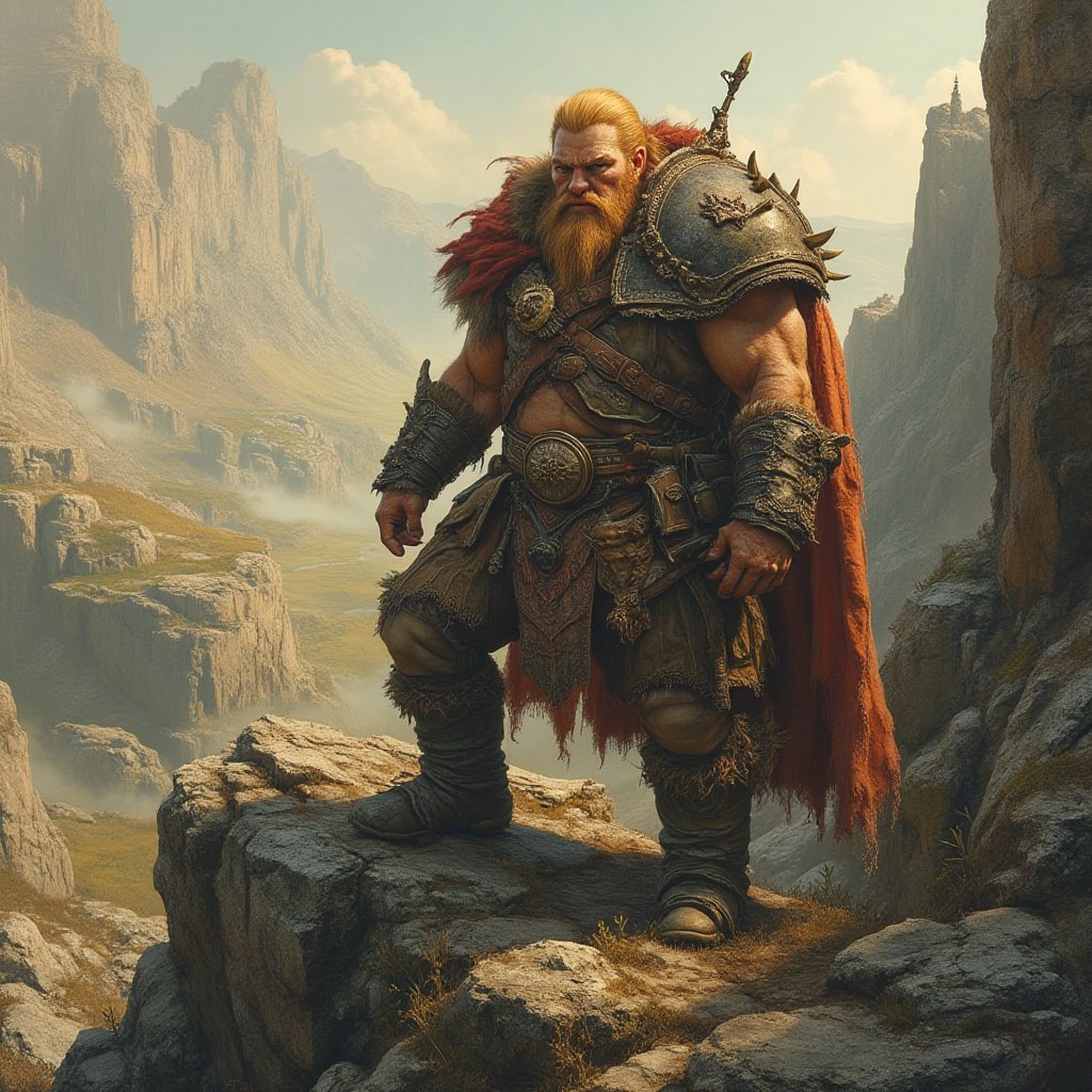 A dwarf warrior stands proudly, one boot planted firmly on a granite outcropping, as if claiming dominion over the rugged landscape. The sun casts a warm glow, illuminating the warrior's sturdy features and the intricate details of their armor. The rocky terrain stretches out before them, with a misty valley in the distance, while the warrior's gaze pierces forth, unyielding and fierce.