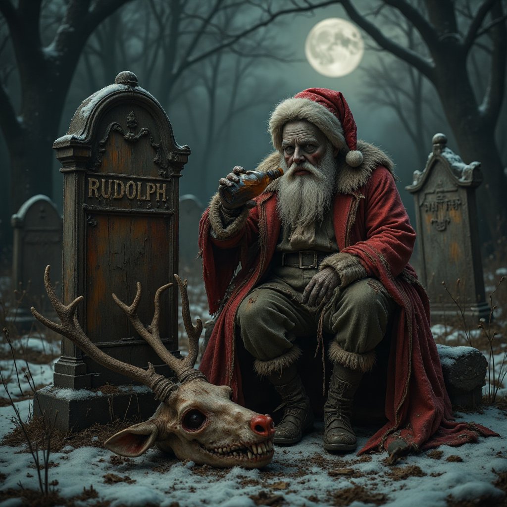 A close-up portrait of a sinister zombie Santa Claus sitting in a snow-covered ancient graveyard,  sitting on the ground n...