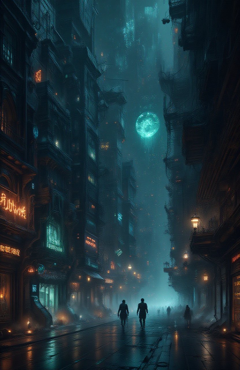 A huge cyberpunk city at night, with bright neon signs and glowing holograms. Tall skyscrapers with glass facades reflecting light, characters in futuristic clothes wandering the streets in the rain. An atmosphere of mystery and technological future