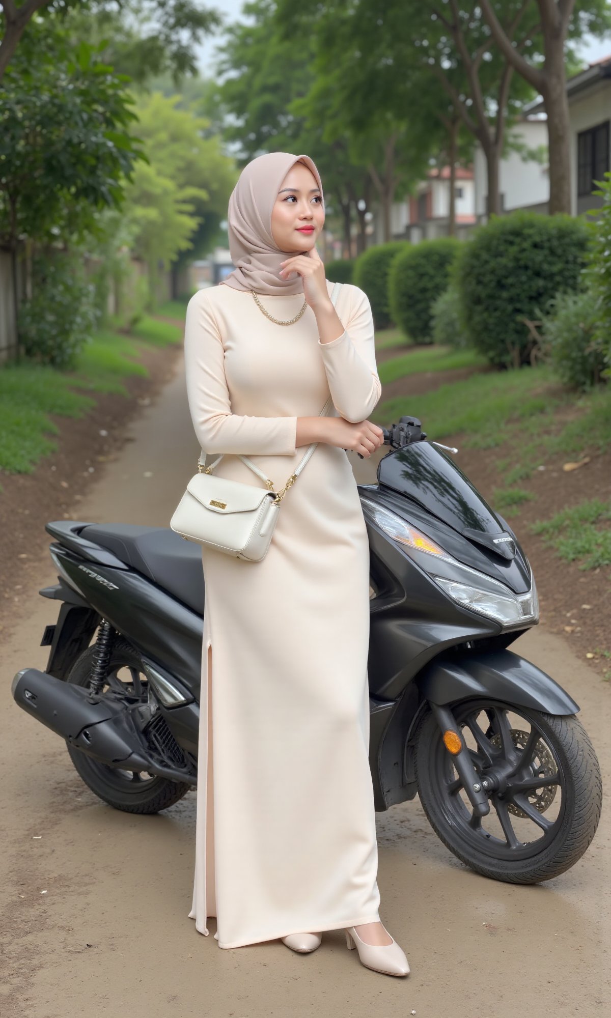 a woman Place one hand on the chin in a thoughtful pose while standing. a BlackProMotorcyclePCX is behind him,  wearing a...