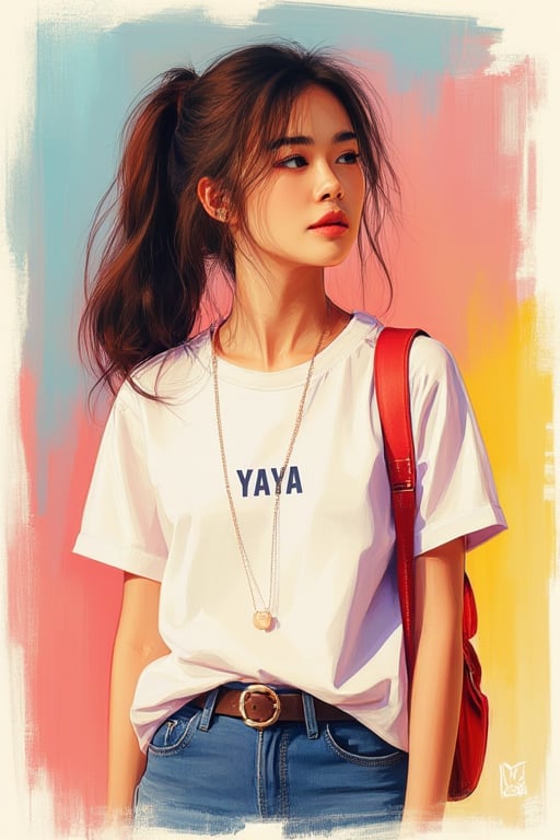 Minimalist painterly illustration of a stunning yaya, wearing casual modern clothing, on her top is written "YAYA" with underneath the text "MINIMALIST REALISTIC ILLUSTRATIONS", highly detailed, crisp linework, colorful, single gradient colored background