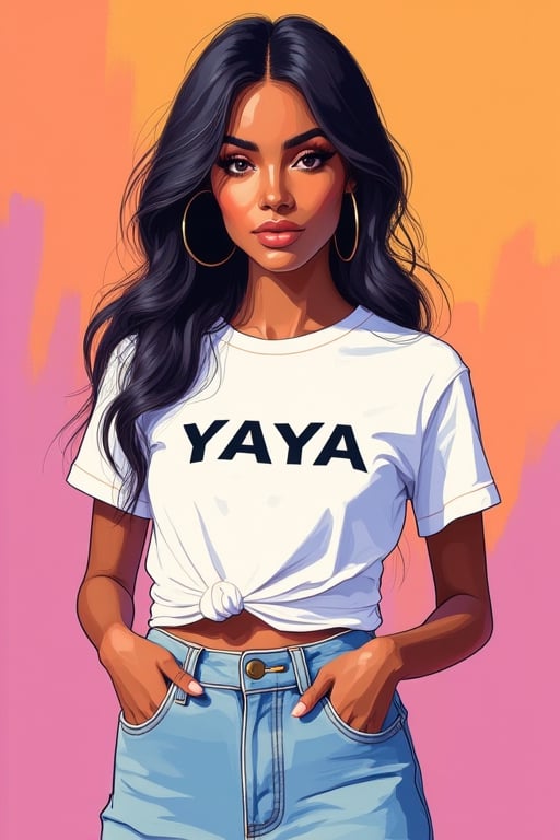 Minimalist painterly illustration of a stunning yaya, wearing casual modern clothing, on her top is written "YAYA" with underneath the text "MINIMALIST REALISTIC ILLUSTRATIONS", highly detailed, crisp linework, colorful, single gradient colored background