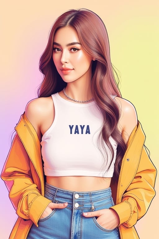 Minimalist painterly illustration of a stunning yaya, wearing casual modern clothing, on her top is written "YAYA" with underneath the text "MINIMALIST REALISTIC ILLUSTRATIONS", highly detailed, crisp linework, colorful, single gradient colored background