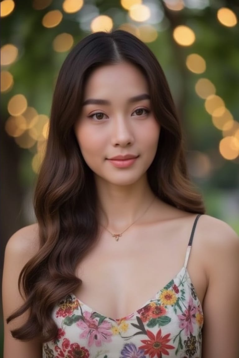 A portrait close-up of a Thai woman with a serene expression, standing outdoors with a blurred bokeh background of warm lights. She has long, wavy brown hair that gently falls over her shoulders. The woman is wearing a colorful, abstract-patterned spaghetti strap dress, which showcases a soft and natural look. I adding a subtle, festive glow to the scene. Her makeup is subtle, enhancing her natural beauty, and the overall atmosphere of the image is warm, elegant, and slightly celebratory.