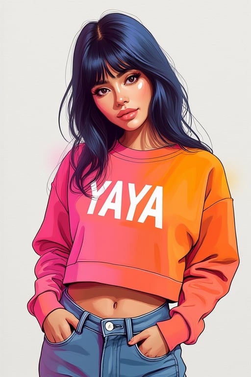 Minimalist painterly illustration of a stunning yaya, wearing casual modern clothing, on her top is written "YAYA" with underneath the text "MINIMALIST REALISTIC ILLUSTRATIONS", highly detailed, crisp linework, colorful, single gradient colored background