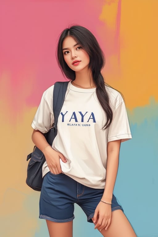 Minimalist painterly illustration of a stunning yaya, wearing casual modern clothing, on her top is written "YAYA" with underneath the text "MINIMALIST REALISTIC ILLUSTRATIONS", highly detailed, crisp linework, colorful, single gradient colored background