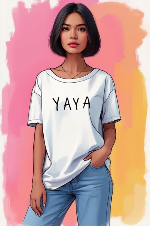 Minimalist painterly illustration of a stunning yaya, wearing casual modern clothing, on her top is written "YAYA" with underneath the text "MINIMALIST REALISTIC ILLUSTRATIONS", highly detailed, crisp linework, colorful, single gradient colored background