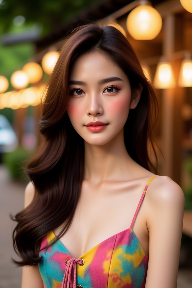 A portrait close-up of a Thai woman with a serene expression, standing outdoors with a blurred bokeh background of warm lights. She has long, wavy brown hair that gently falls over her shoulders. The woman is wearing a colorful, abstract-patterned spaghetti strap dress, which showcases a soft and natural look. I adding a subtle, festive glow to the scene. Her makeup is subtle, enhancing her natural beauty, and the overall atmosphere of the image is warm, elegant, and slightly celebratory.