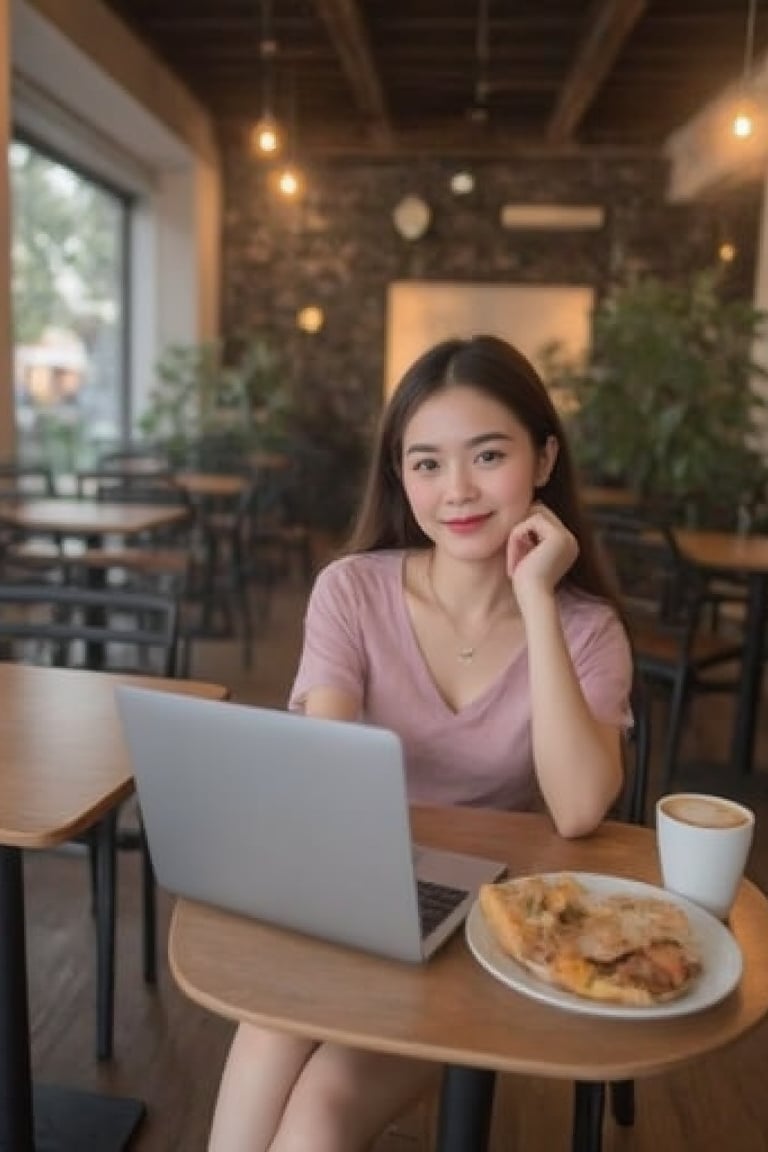 Photo of a young Thai woman in casual clothes, relaxing and working in a chic, cozy coffee shop, holding a mobile phone, with a laptop, a cup of coffee and snacks on the table, living a comfortable life without worries, no matter where you are, you can sit and work.